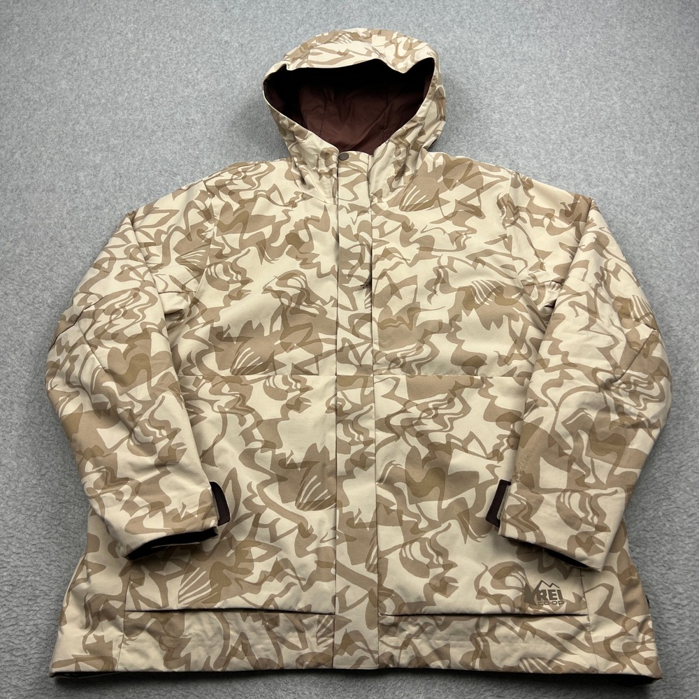 REI Powderbound Insulated Jacket Womens 2XL Tan Abstract Camo Peak 2L Hooded Zip